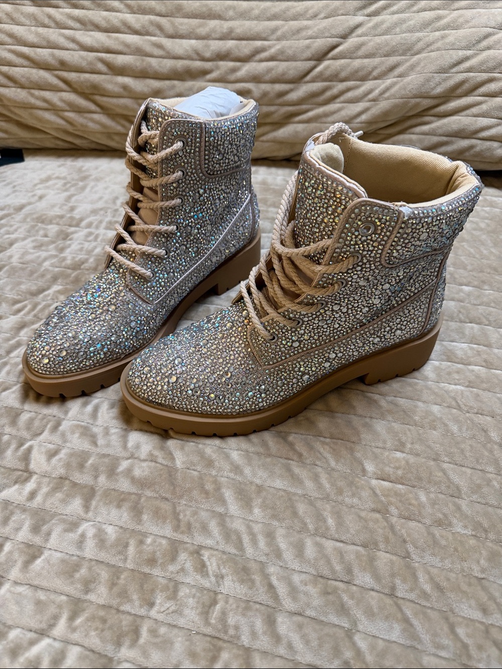 Betsey Johnson Taupe Crystal Embellished Lace-Up Combat Boots